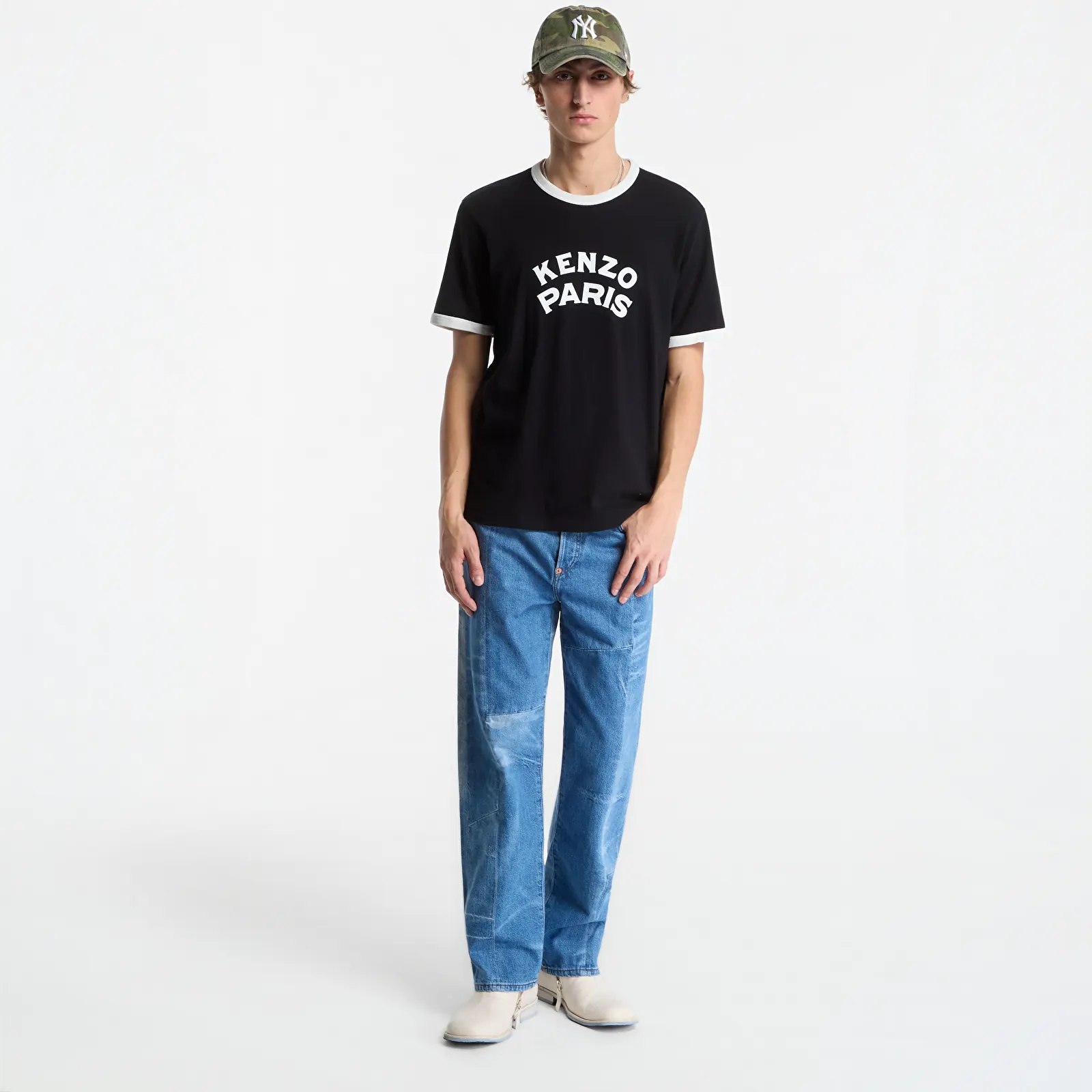 Men's trousers KENZO Patchwork Straight Fit Jeans In Japanese Denim Stone Bleached Blue Denim
