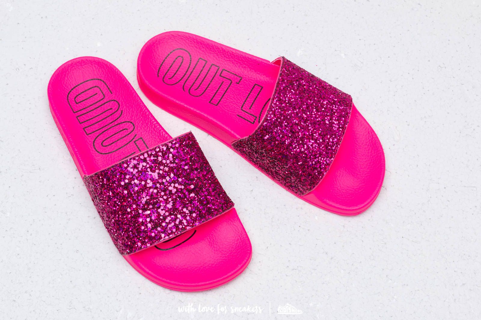 Adidas pink glitter slides hot sale