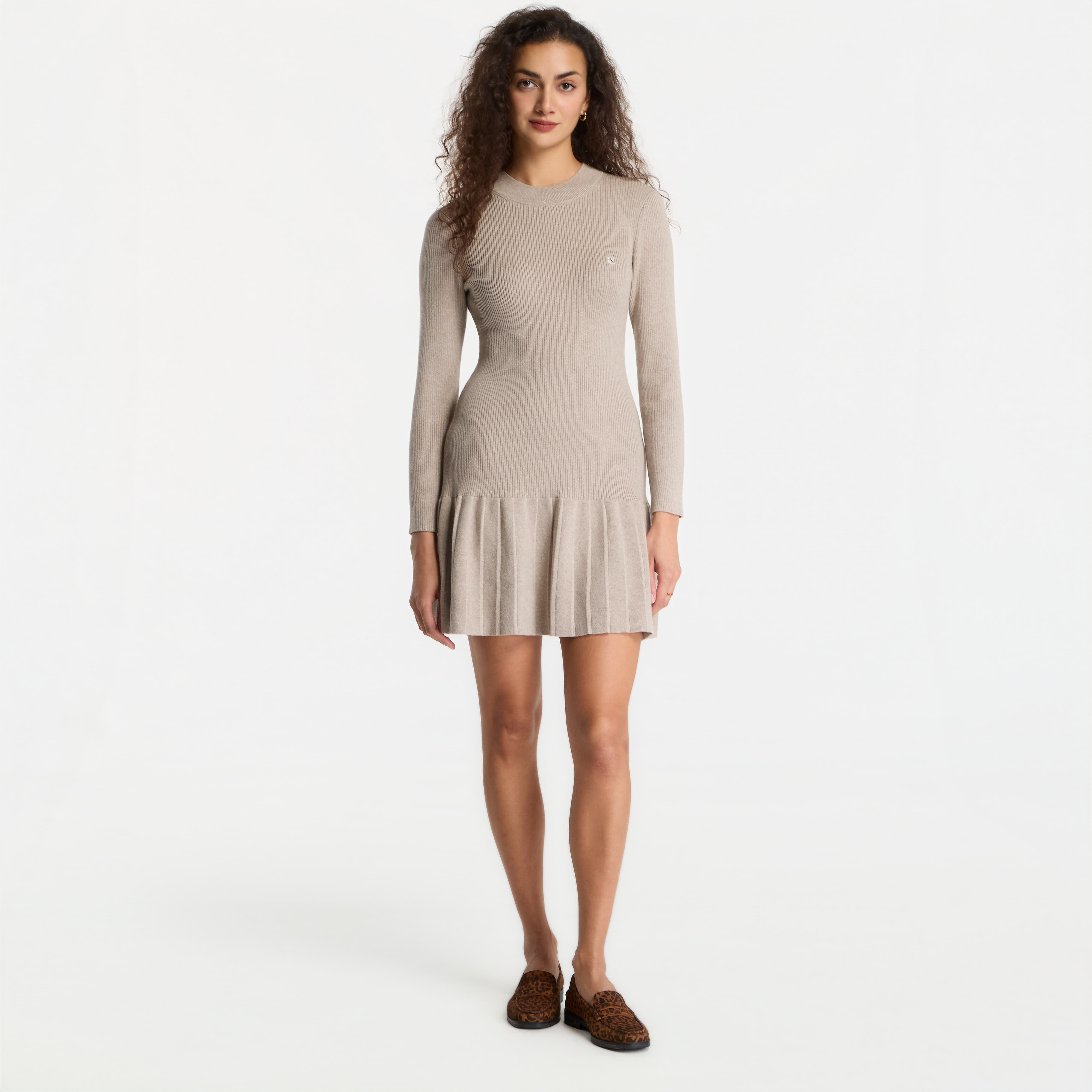 Calvin Klein Jeans Mockneck Ls Minidress Oatmeal Melange XS