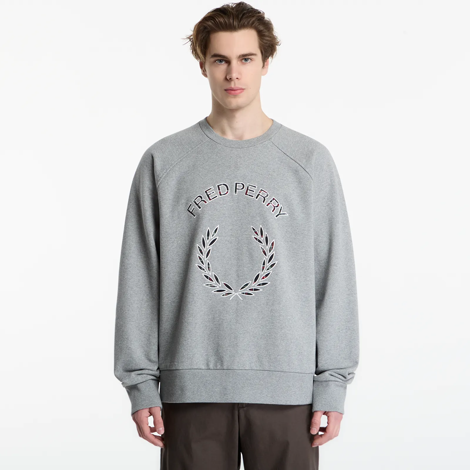 Men's hoodies FRED PERRY Tartan Applique Sweatshirt Steel Marl