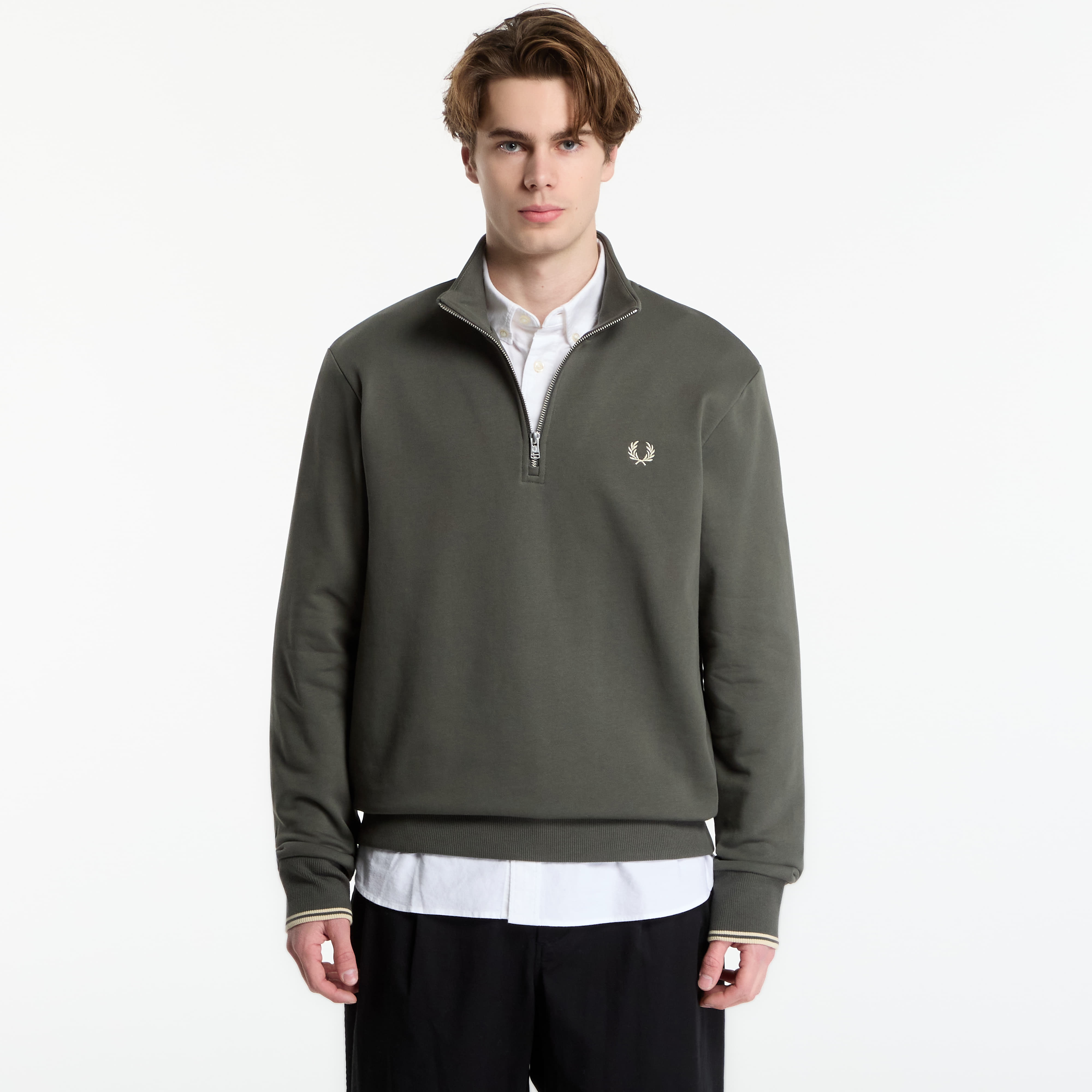 Sweatshirt FRED PERRY Half Zip Sweatshirt Field Green/ Oat Meal M