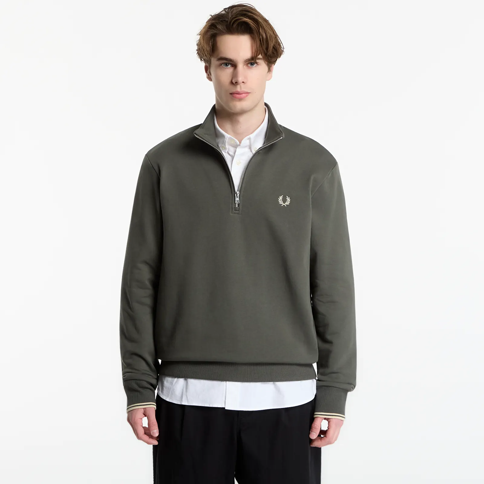 Hoodies für Männer FRED PERRY Half Zip Sweatshirt Field  Green/ Oat Meal