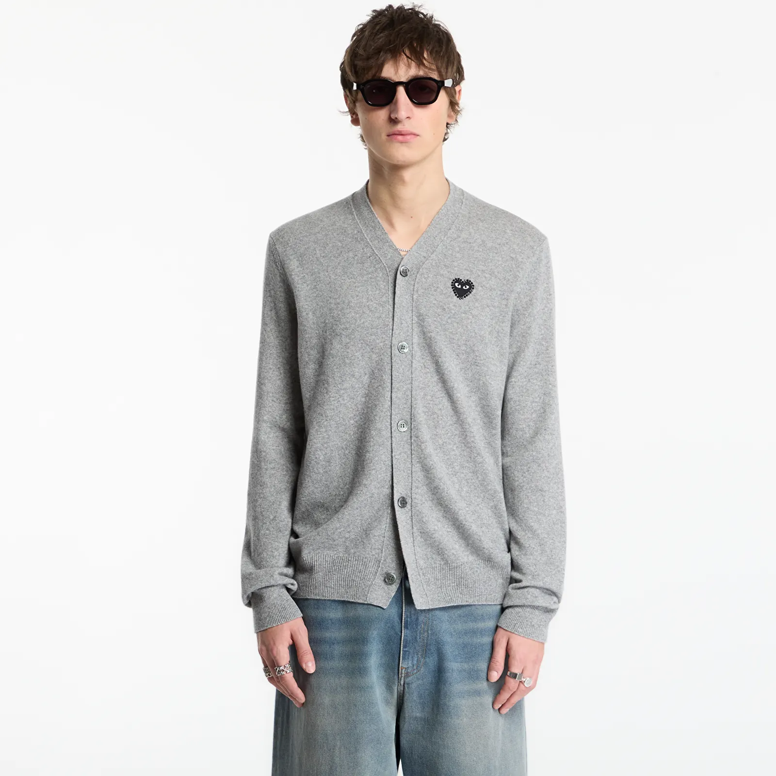 Sweaters Comme des Garçons PLAY V-Neck Cardigan Black Rhinestone Knit UNISEX Top Light Gray