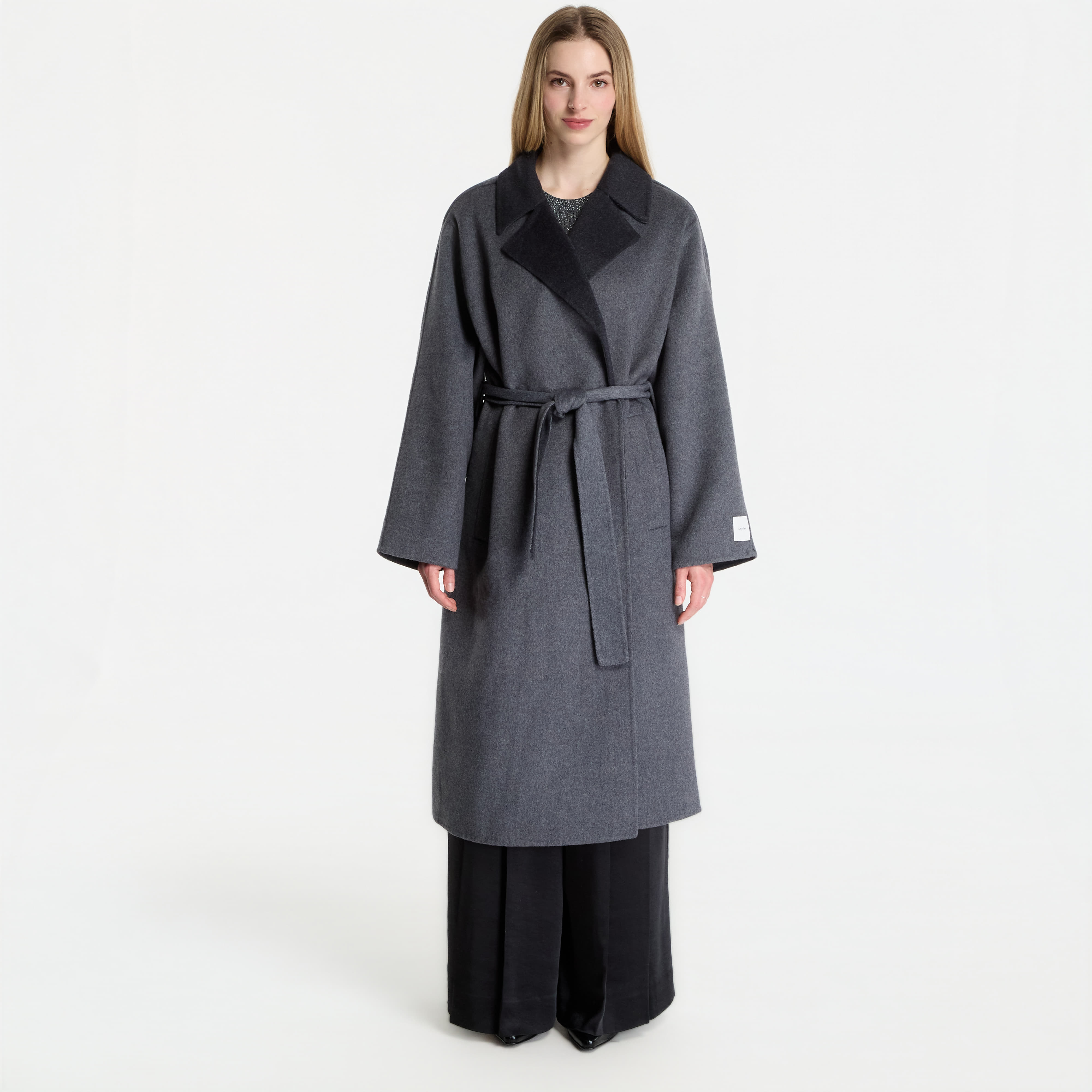 Haina Calvin Klein Long Wool Wrap Coat Melange Bi-C Two Tone Medium Grey And B85 Gu XS