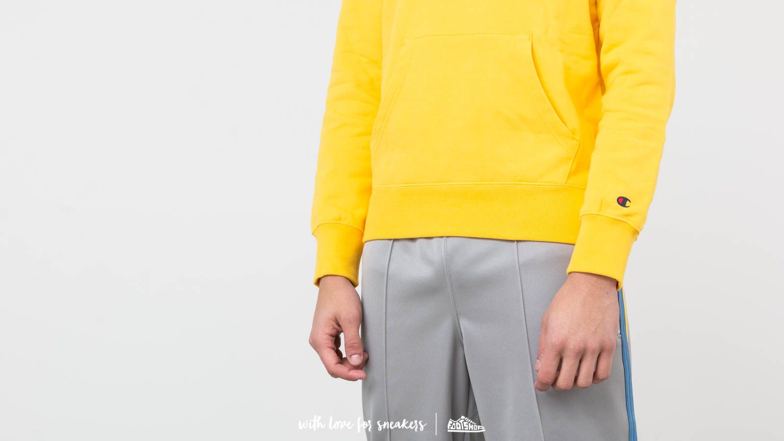 Yellow champion hoodie with champion on sleeve on sale