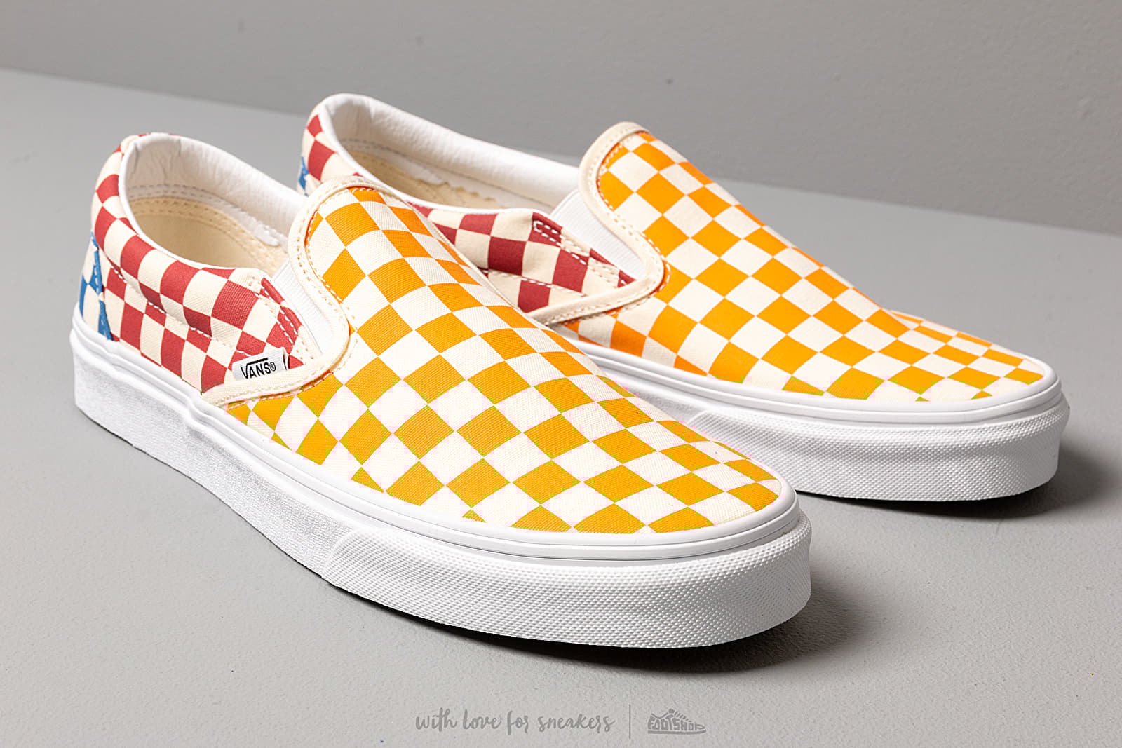 Red blue and yellow checkered vans sales