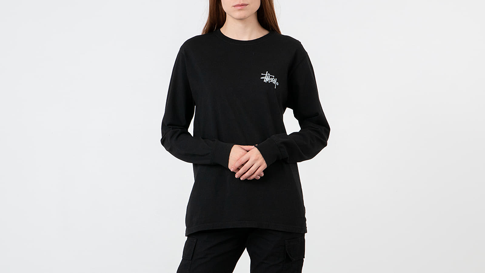 T-krekli Stüssy Basic Logo Pig Dyed Longsleeve Tee Black