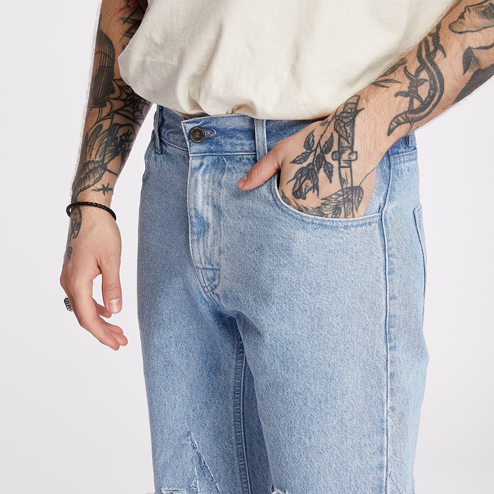 Kraťasy RAF SIMONS Slim Fit Destroyed Denim Shorts Blue