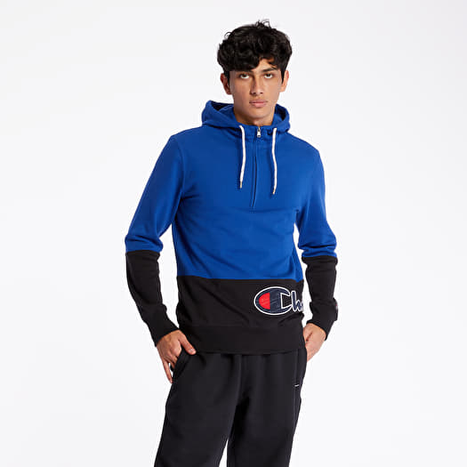 Black champion hoodie with blue logo store