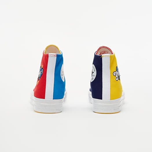 Blue yellow top and red converse