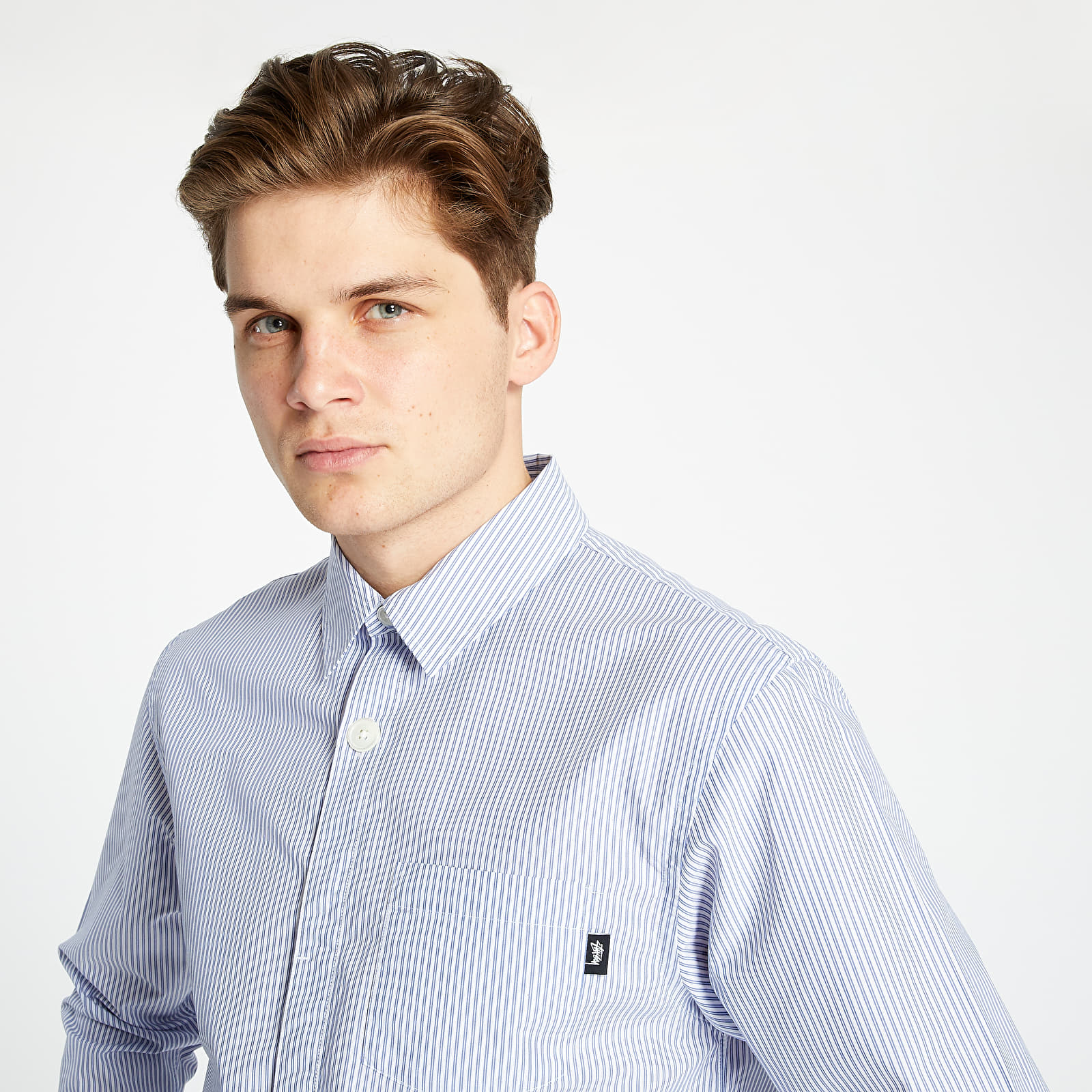 STUSSY◇Big Button Stripe Shirt/L/コットン/ホワイト/ストライプ