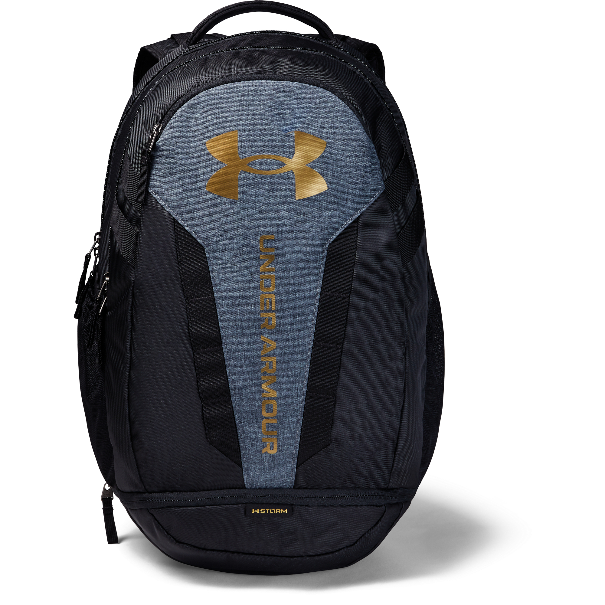 Rucsac Under Armour Hustle 5.0 Backpack Black Medium Heather/ Metallic Gold Luster