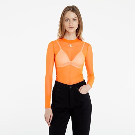 T-shirts Calvin Klein Jeans Mesh High Neck Long-Sleeved Top Shocking Orange  | Footshop