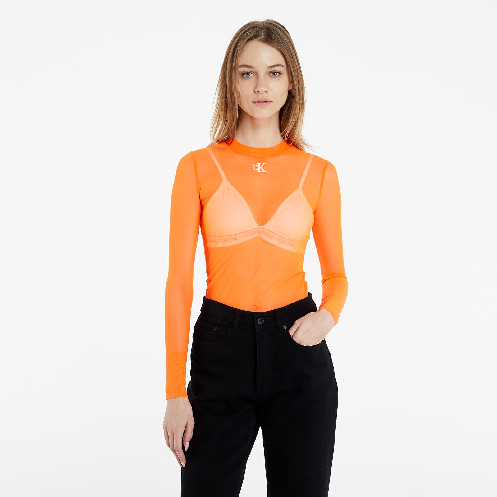 Tričká Calvin Klein Jeans Mesh High Neck Long-Sleeved Top Shocking Orange