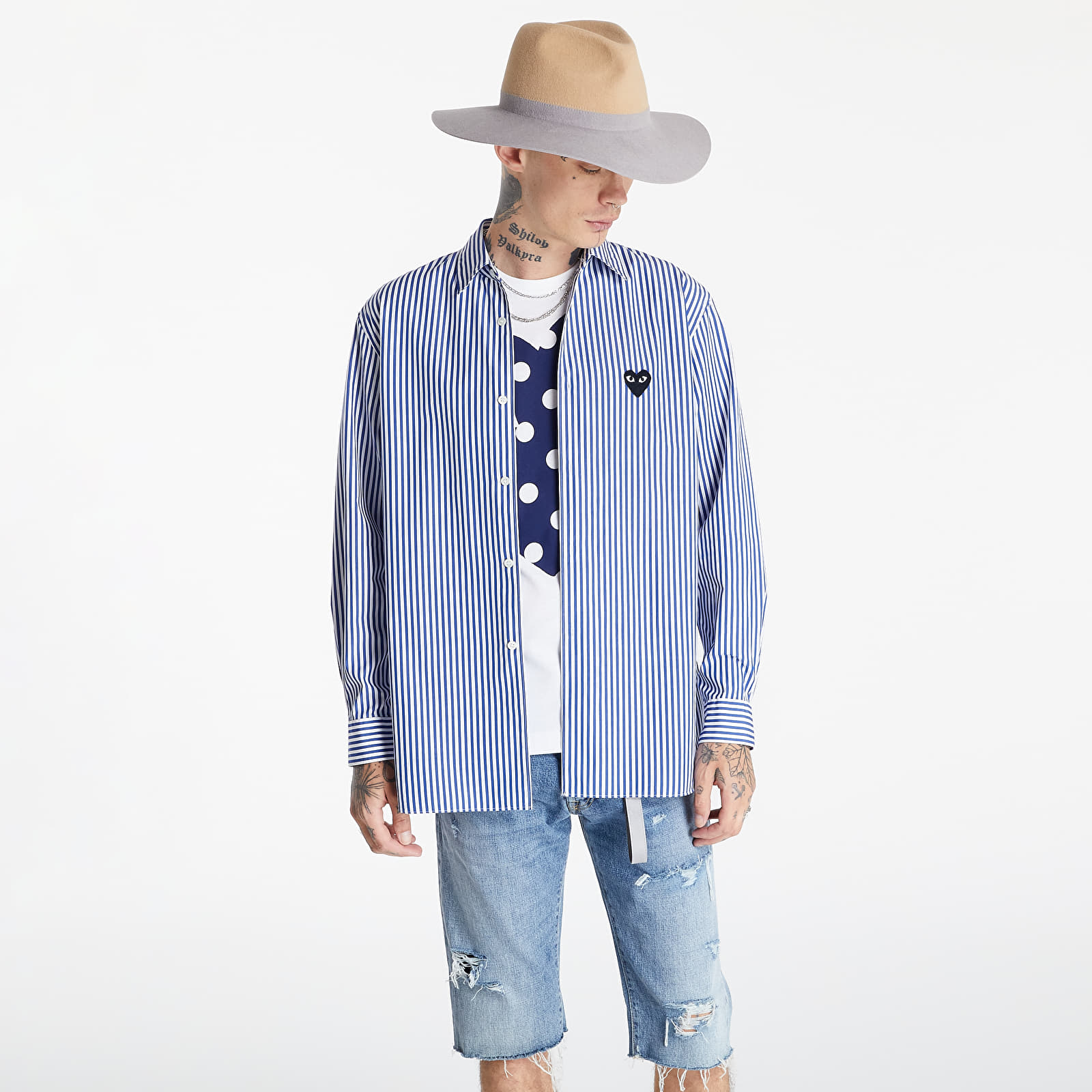 Košele Comme des Garçons PLAY Black Heart Striped Shirt Blue/ White