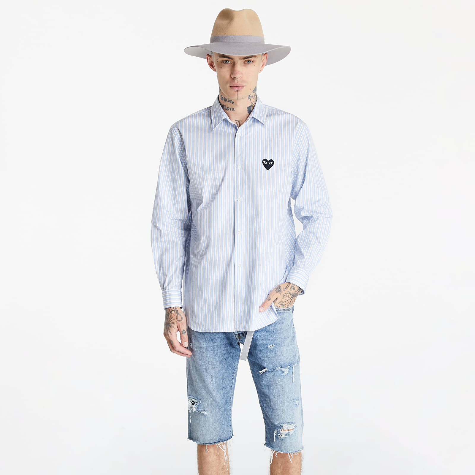 Cămașă Comme des Garçons PLAY Black Heart Striped Shirt UNISEX White/ Light Blue - 1 | YEO