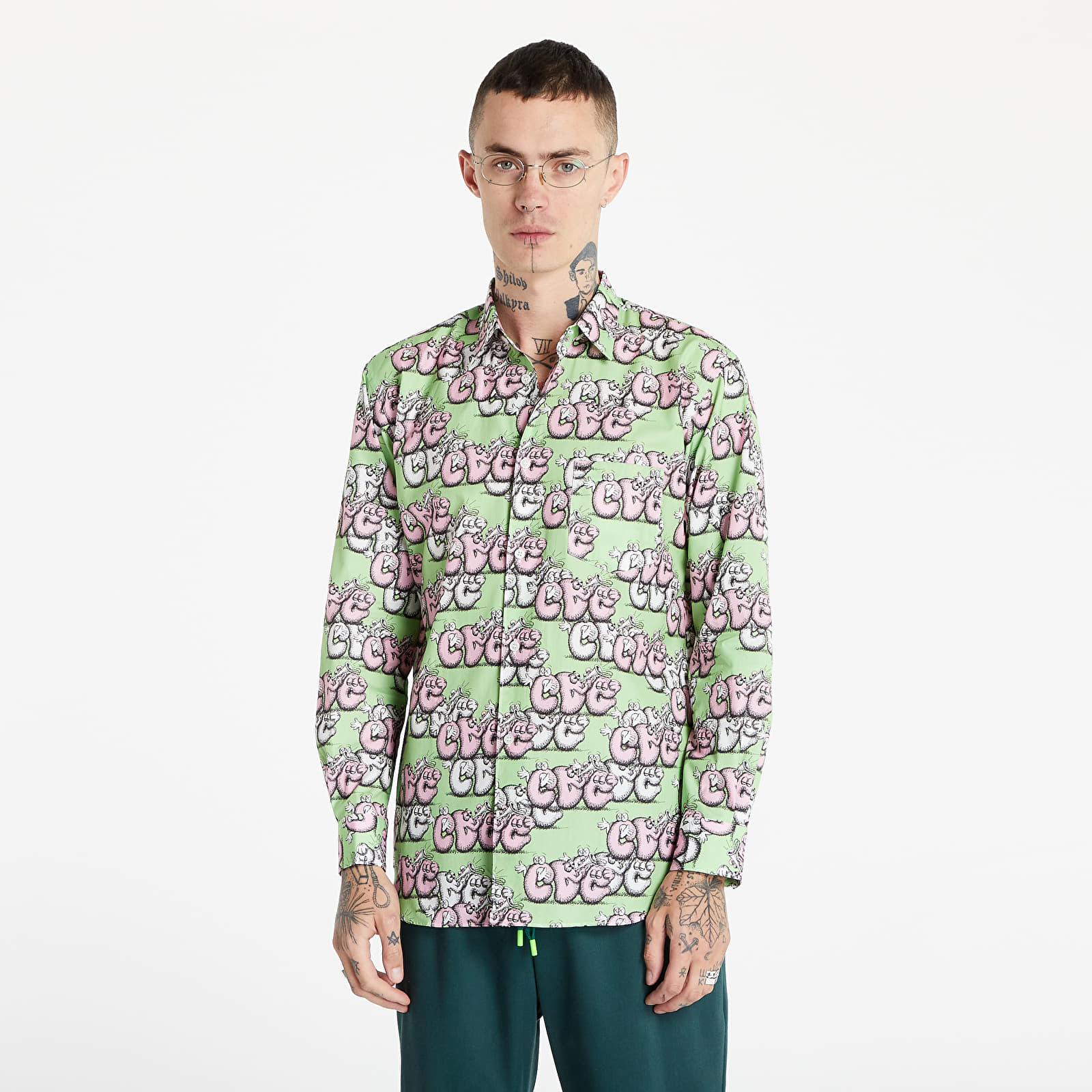 Shirts Comme des Garçons SHIRT x KAWS Mens Shirt Woven Green/ Pink