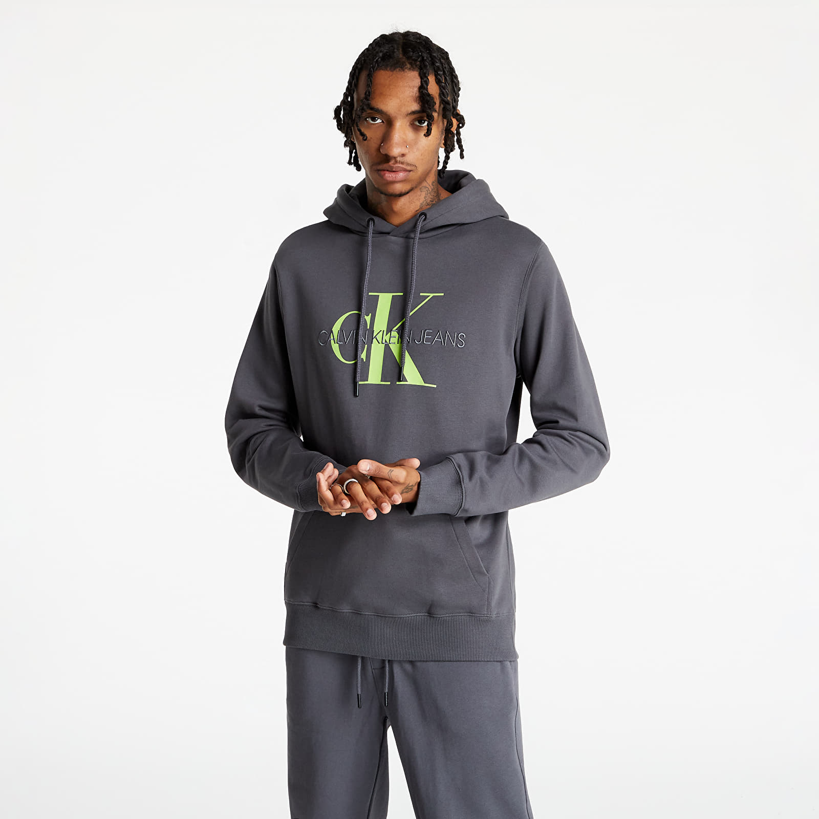 Sweatjacken und Sweatshirts Calvin Klein Jeans Seasonal Monogram Regular Hoodie Gray Pinstripe/ Acid Lime