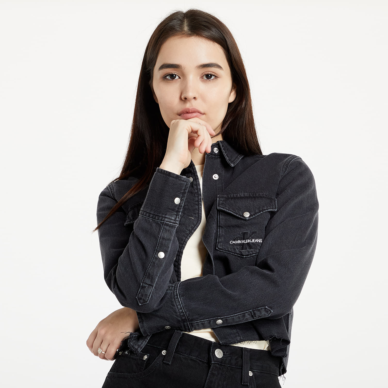 Košile Calvin Klein Jeans Cropped Modern Essential Shirt Denim Black