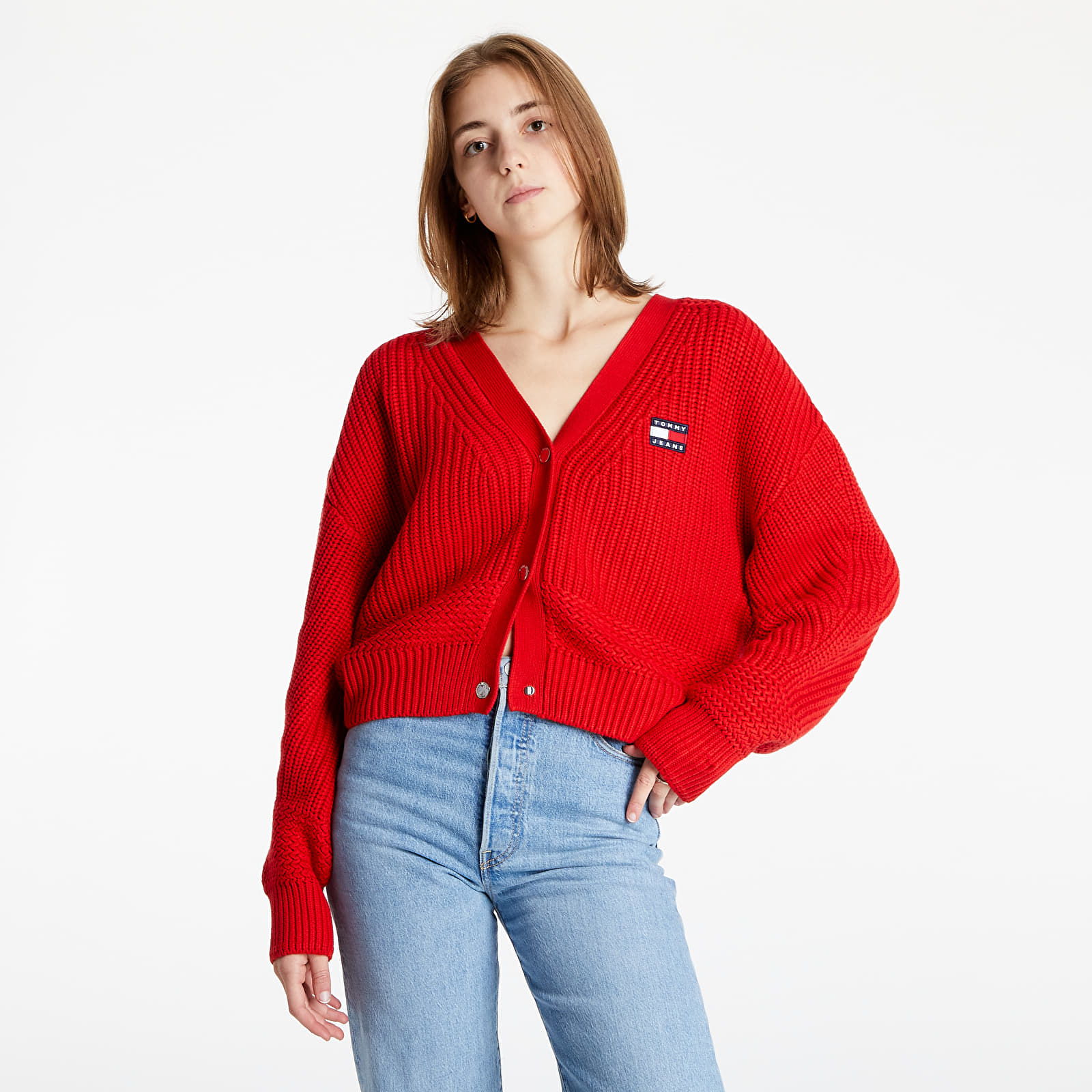 Pulóverek Tommy Jeans Bxy Badge Cardigan Deep Crimson