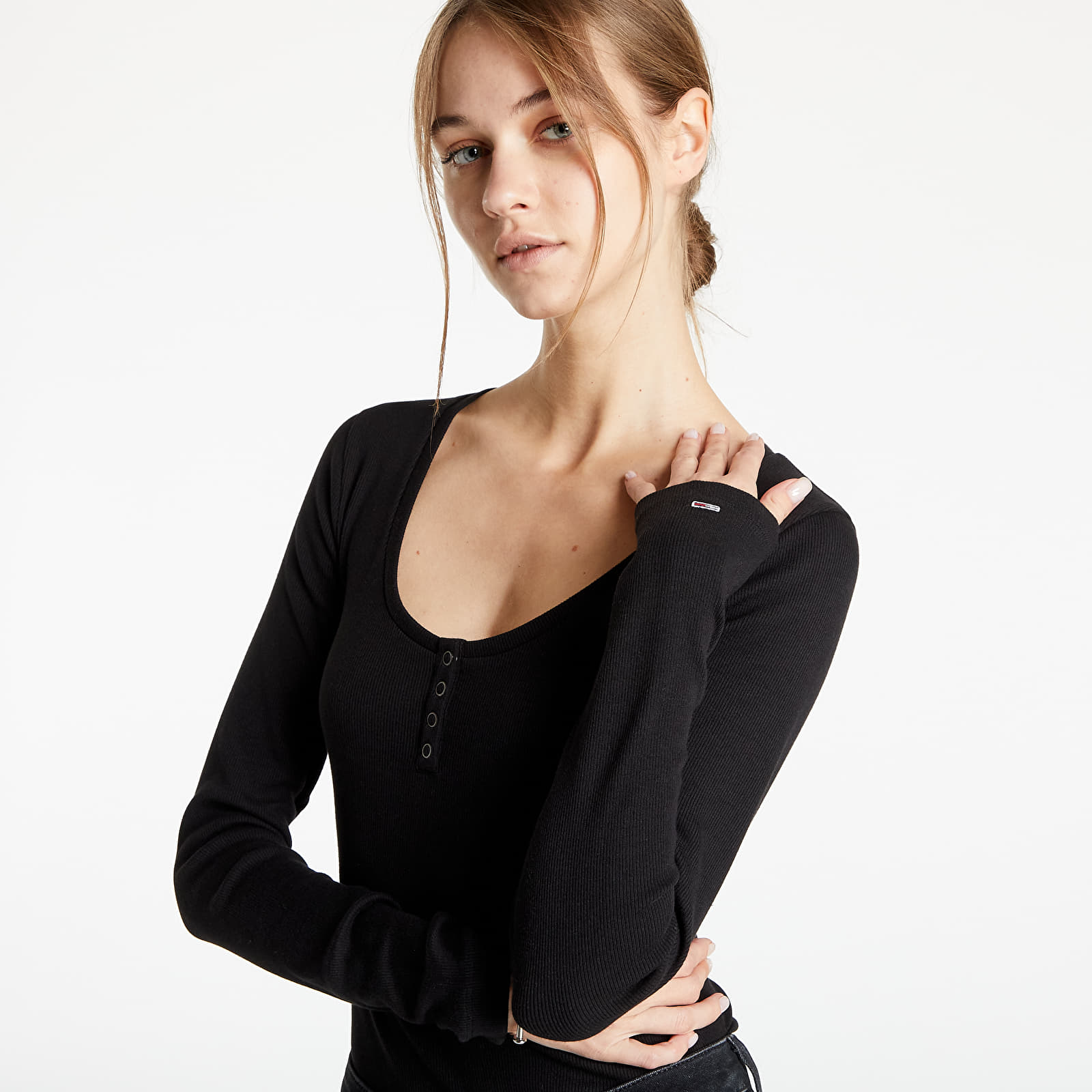 Κορμάκια Tommy Jeans Rib Henley Body Ls Black