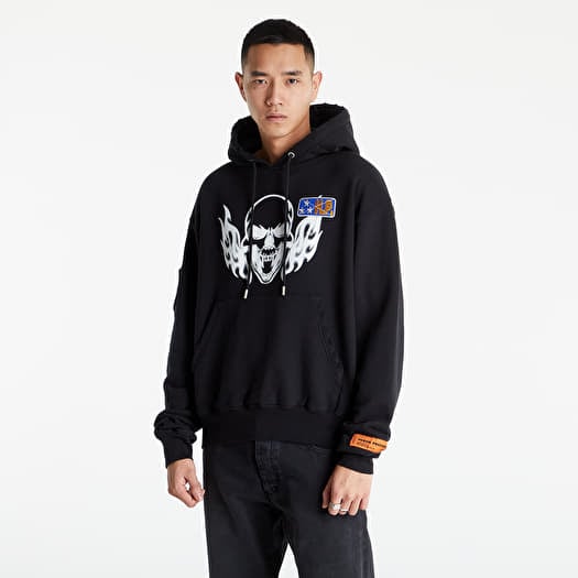 HERON PRESTON Hoodie Flaming Skull Black White Footshop