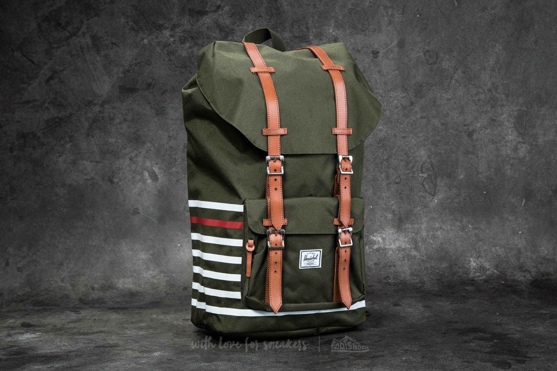 Doplnky Herschel Supply Co. Little America Backpack Forest Night Offset Stripe/ Veggie Tan Leather