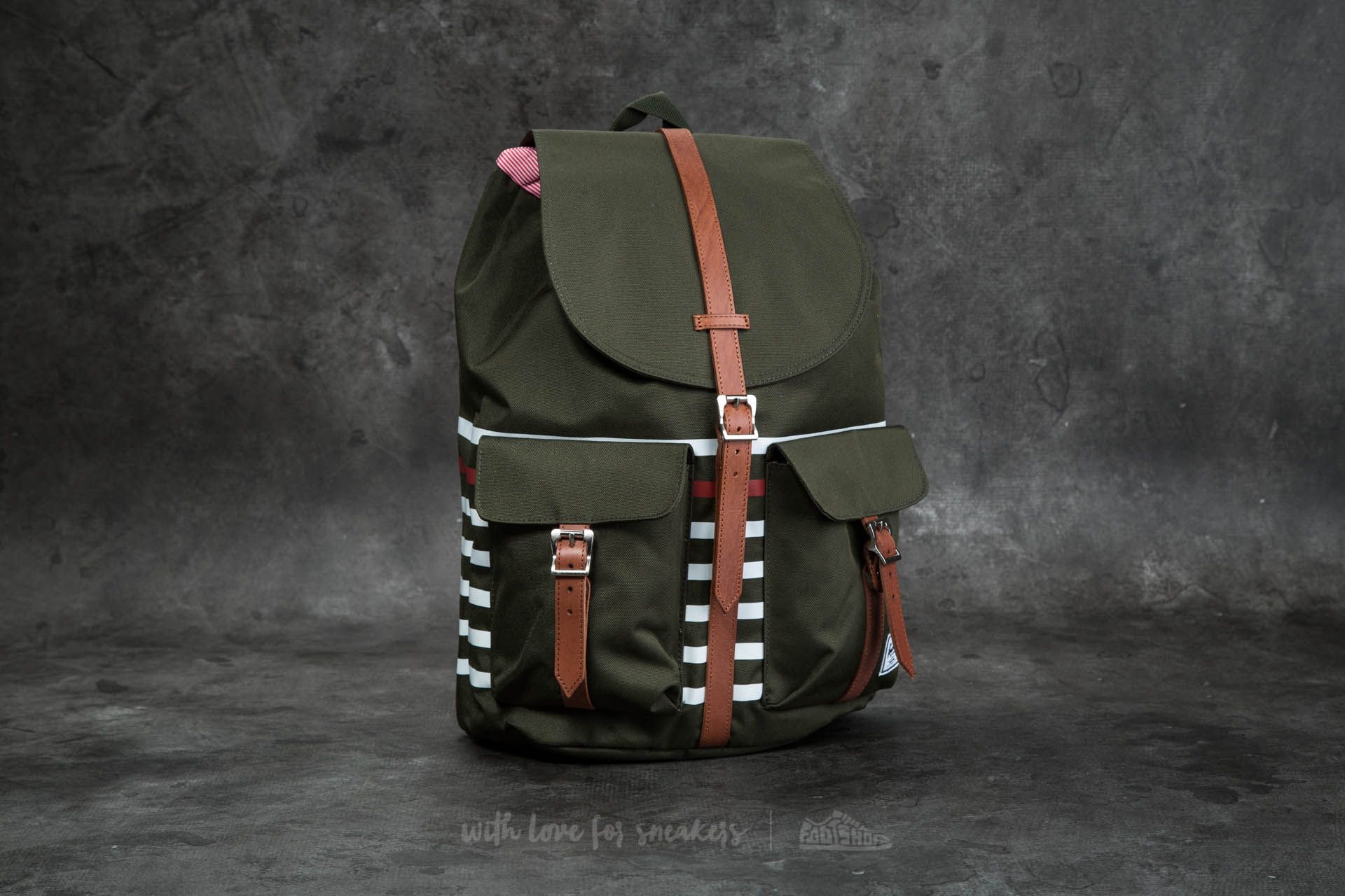 Accessories Herschel Supply Co. Dawson Backpack Forest Night Offset Stripe Veggie Tan Leather Footshop