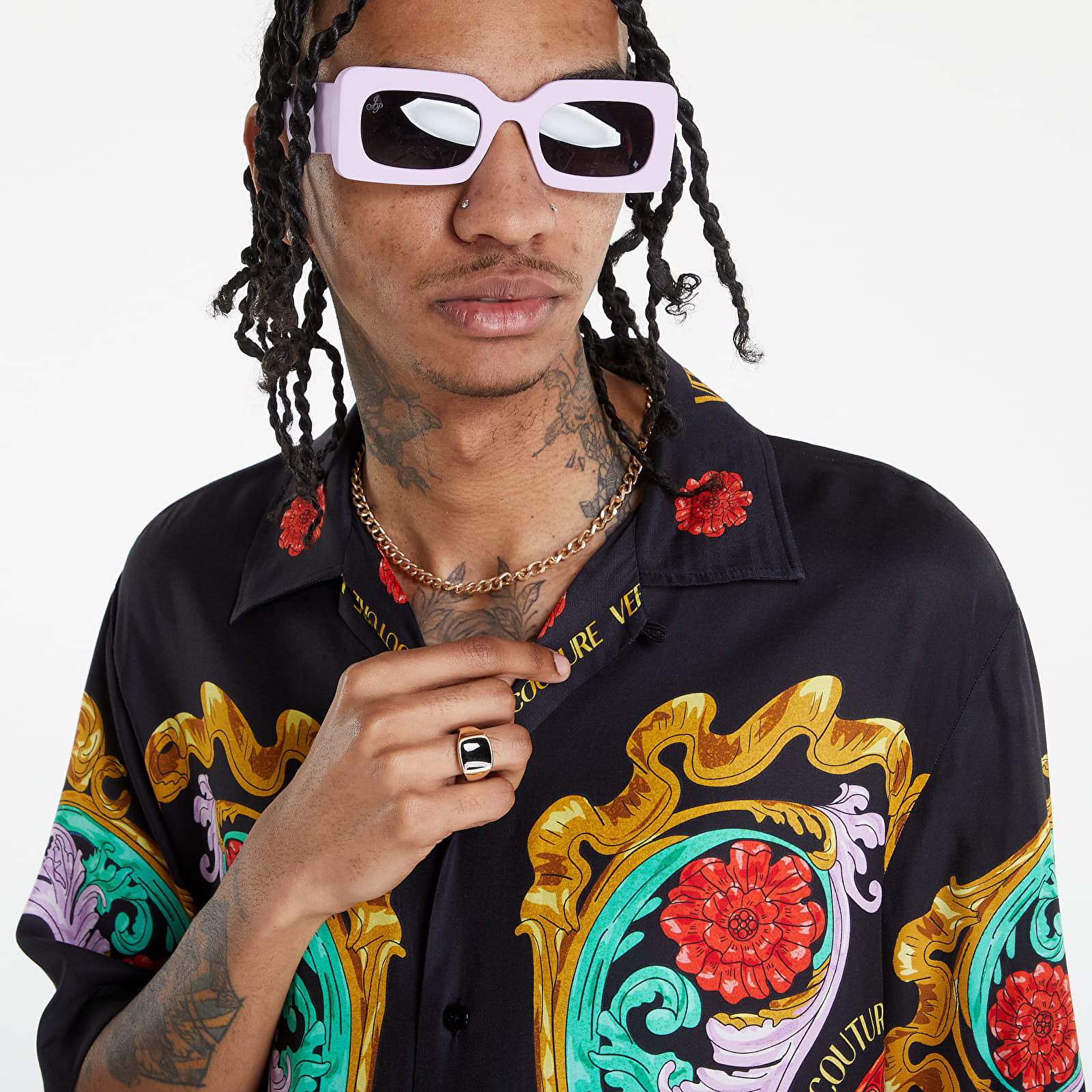 Košele Versace Jeans Couture Twill Vi Panel Print Sun Flower Garland Shirt Black/ Gold