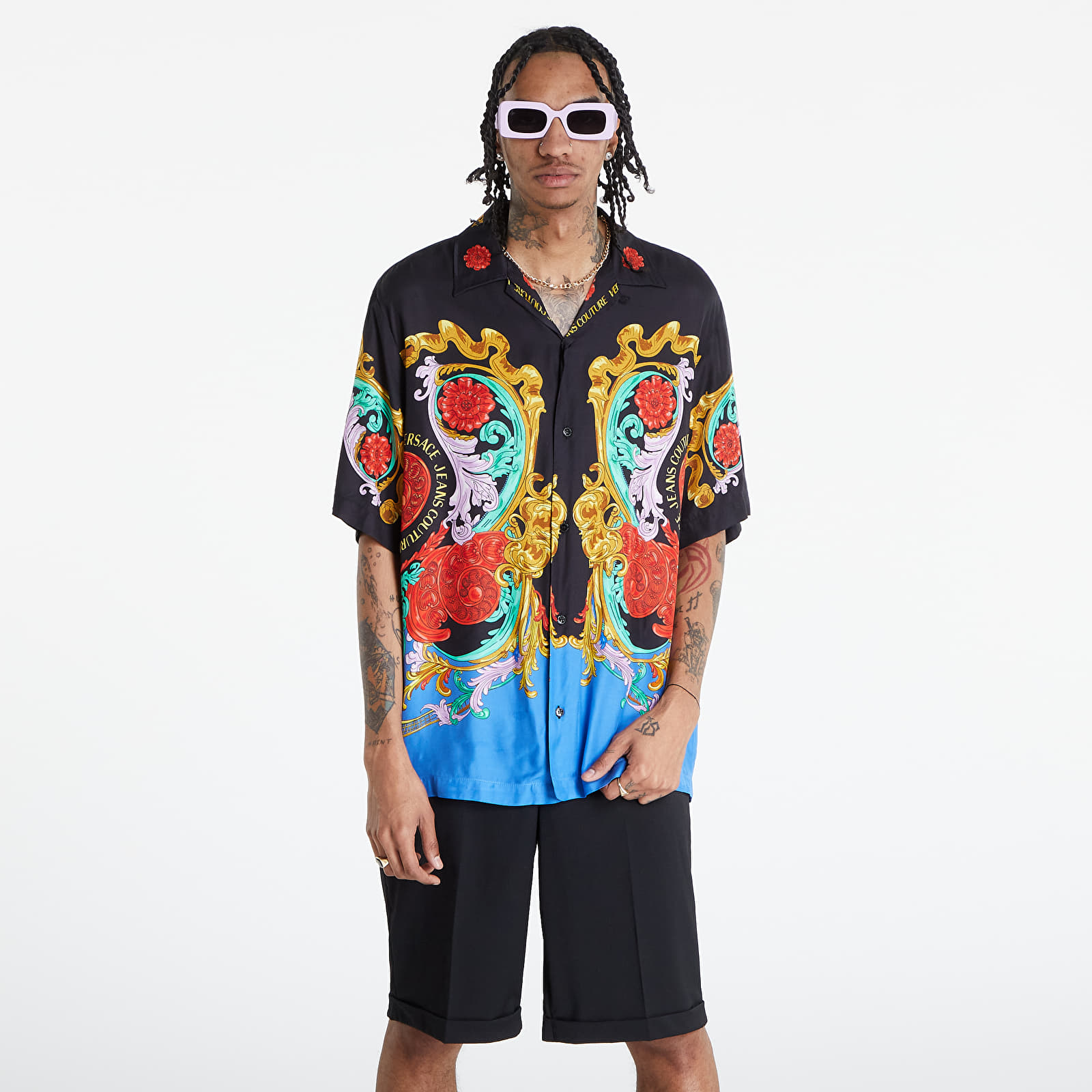 Košele Versace Jeans Couture Twill Vi Panel Print Sun Flower Garland Shirt Black/ Gold