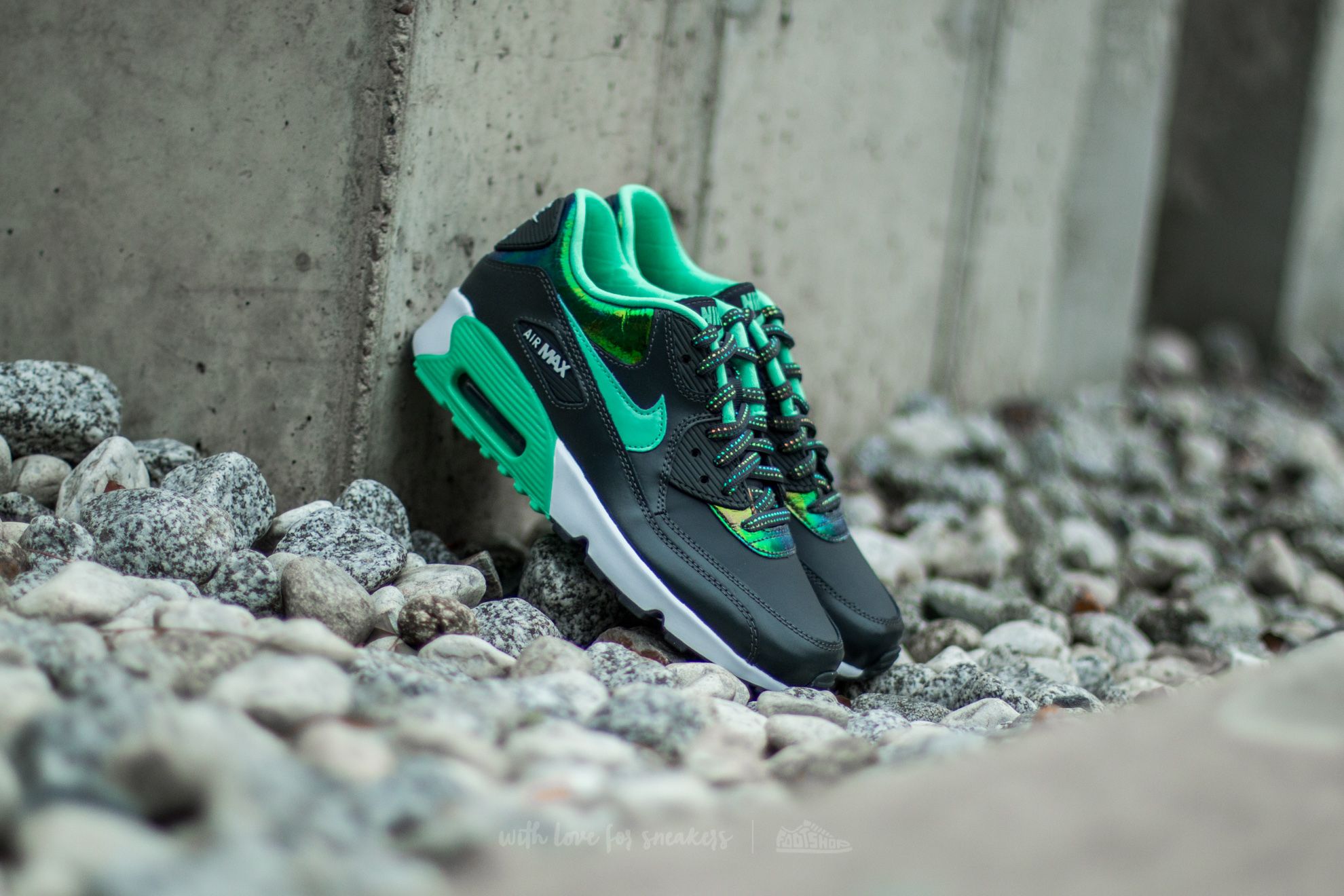 Dámské tenisky a boty Nike Air Max 90 Se Leather (GS) Anthracite/Green Glow-Pure Platinum-White