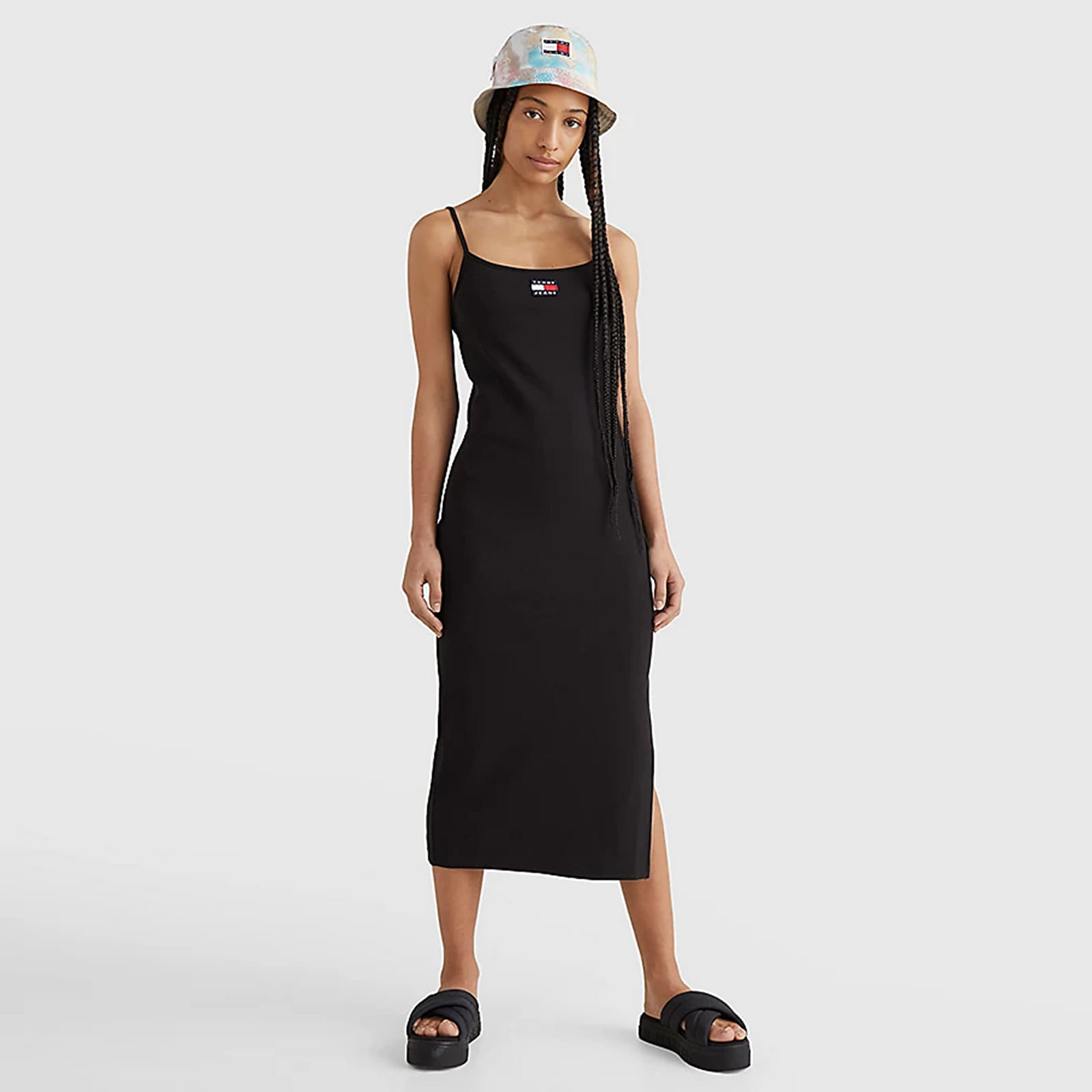 Ruhák Tommy Jeans Strappy Badge Rib Midi Dress Black