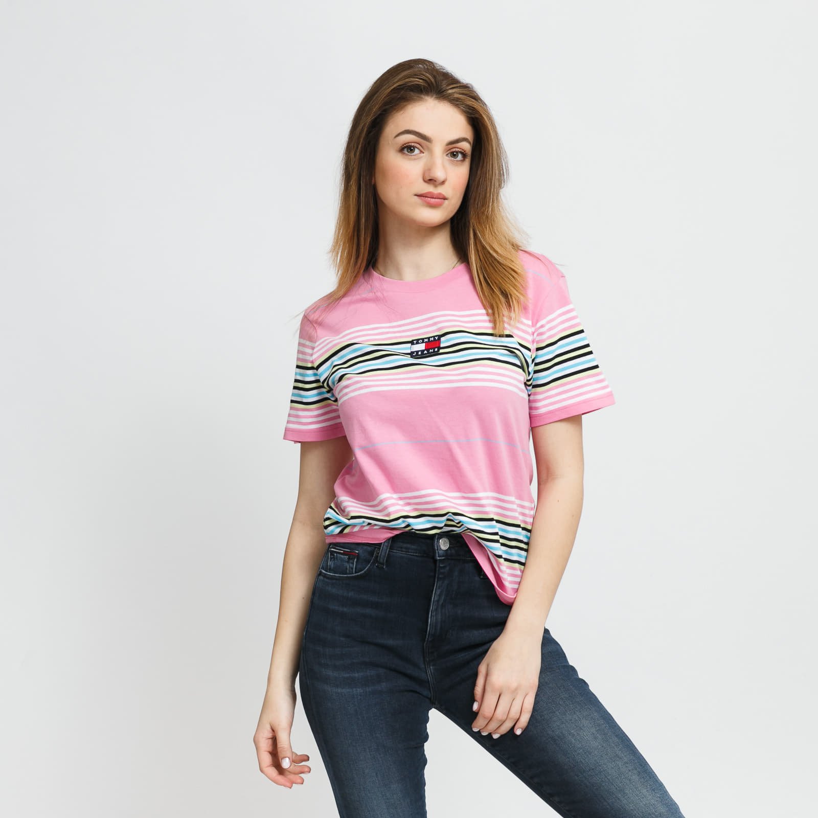Marškinėliai TOMMY JEANS W Regular Center Badge Stripe Tee Pink/ White/ Black/ Yellow/ Blue