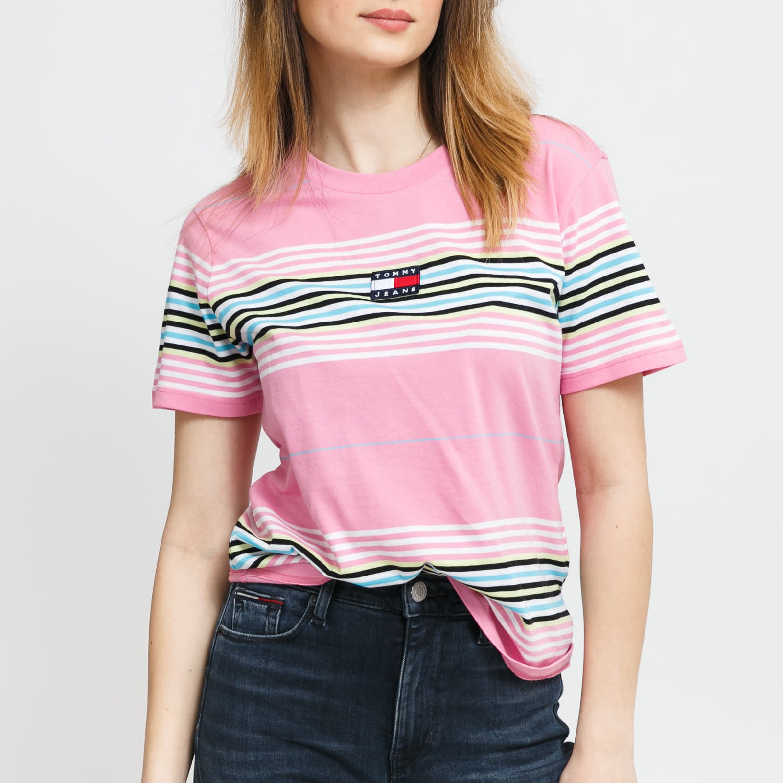 Marškinėliai TOMMY JEANS W Regular Center Badge Stripe Tee Pink/ White/ Black/ Yellow/ Blue