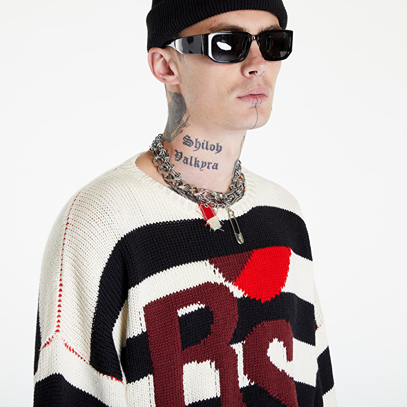 Raf Simons Loose Fit Cropped Wool Jacquard Rs Sweater White/ Black