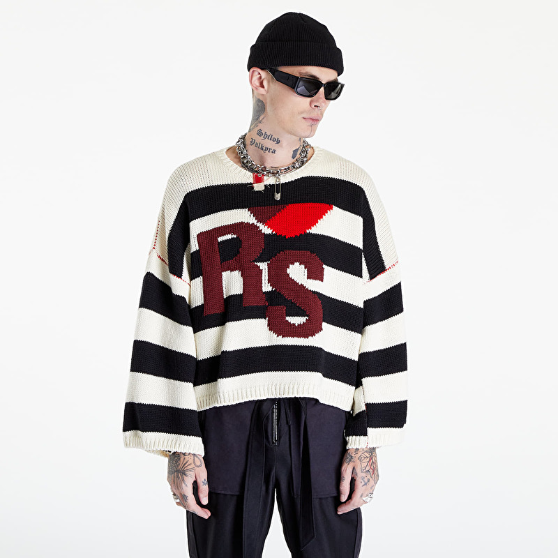 Raf Simons Loose Fit Cropped Wool Jacquard Rs Sweater White/ Black