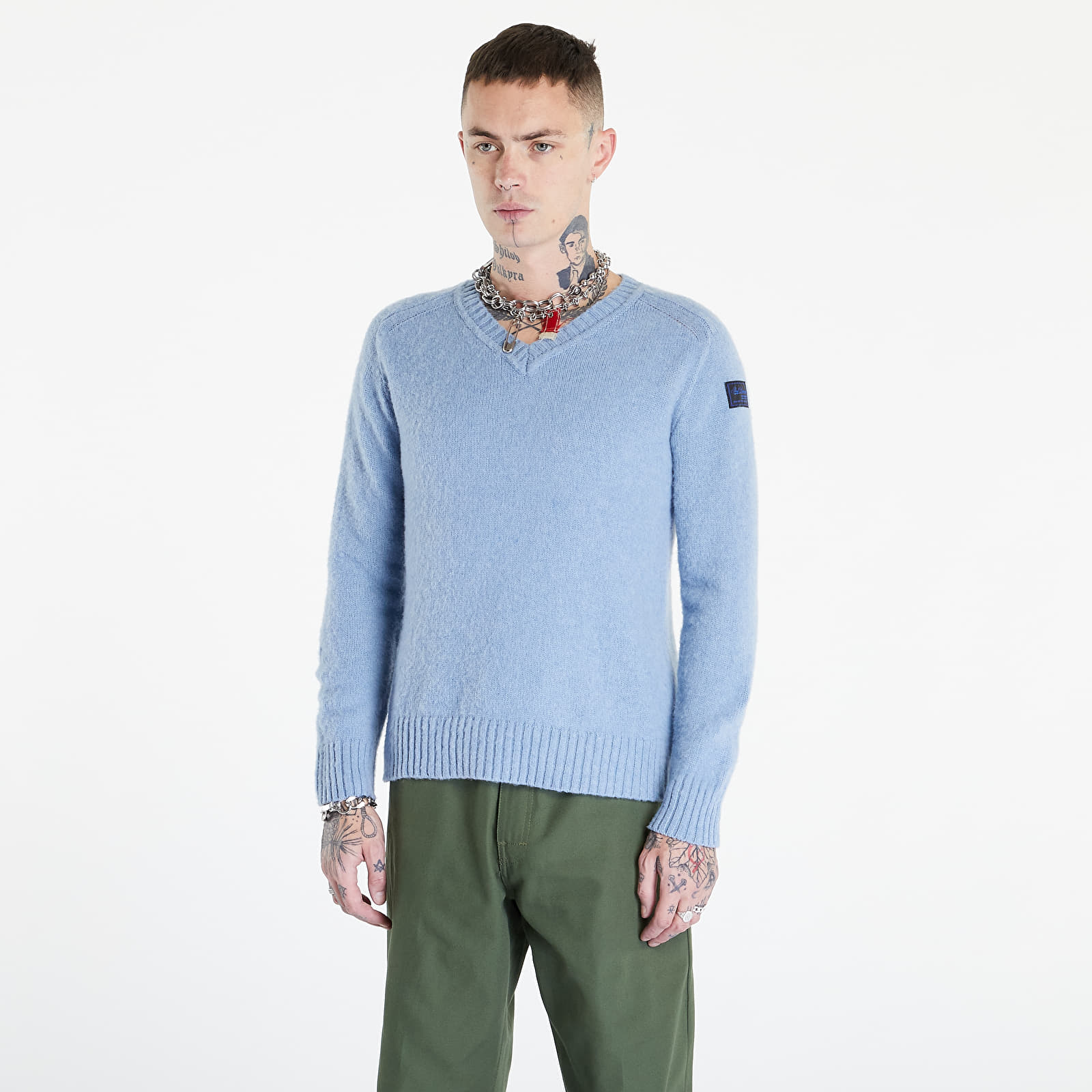 Mikiny a svetry RAF SIMONS Striped Hammersleeve V-Neck Sweater Blue