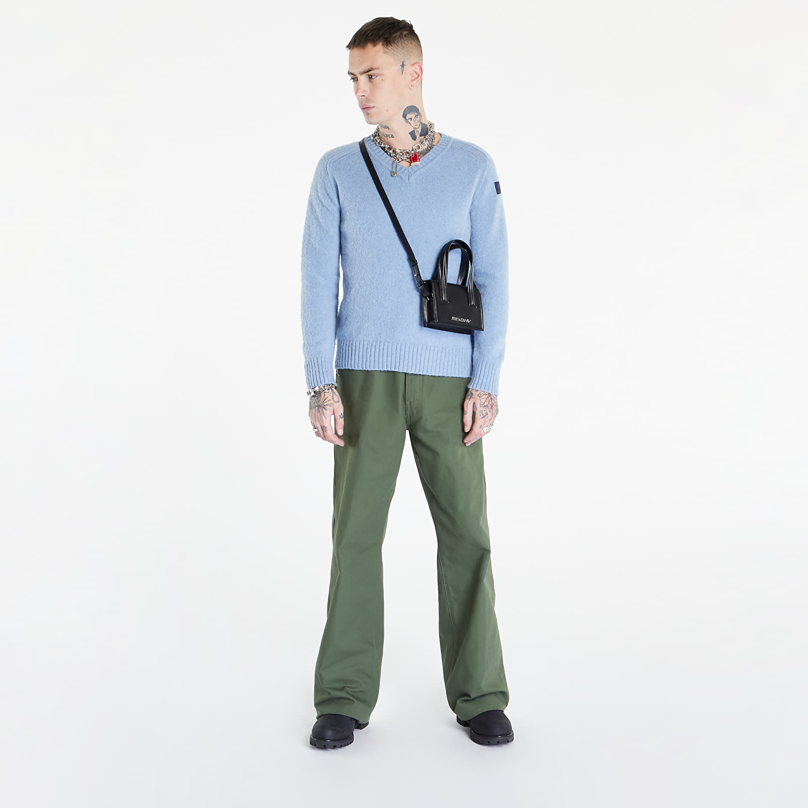 Mikiny a svetry RAF SIMONS Striped Hammersleeve V-Neck Sweater Blue