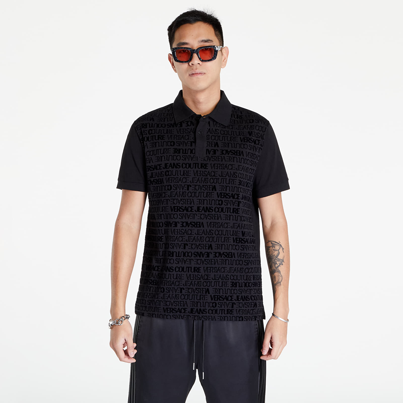 Camisetas Versace Jeans Couture R Print Flock Logo Polo T-Shirt Black