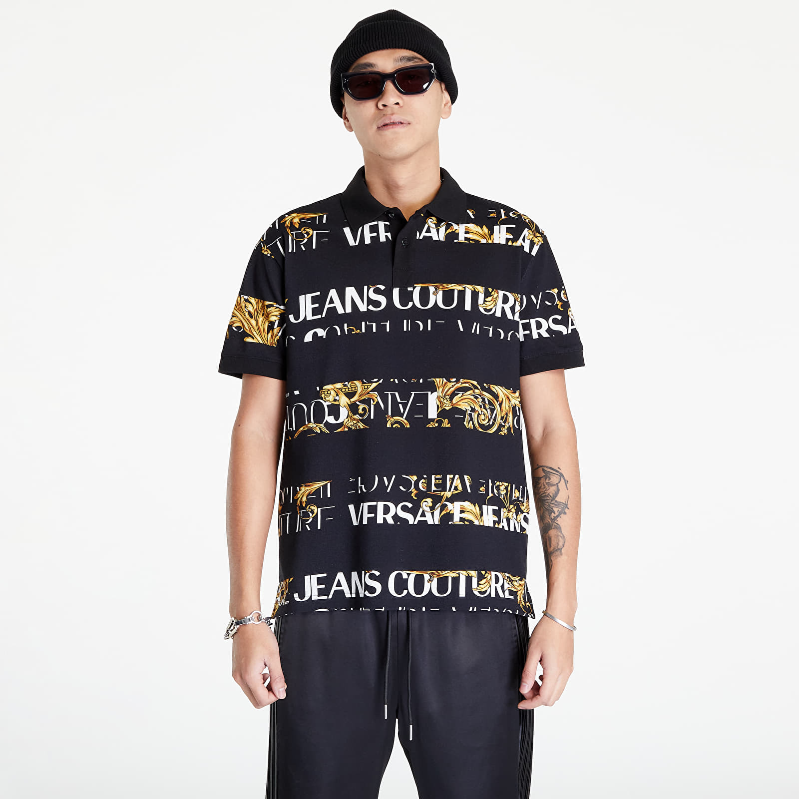 Versace Jeans Couture R Print Stripes Logo B Polo T-Shirt Black/ Gold