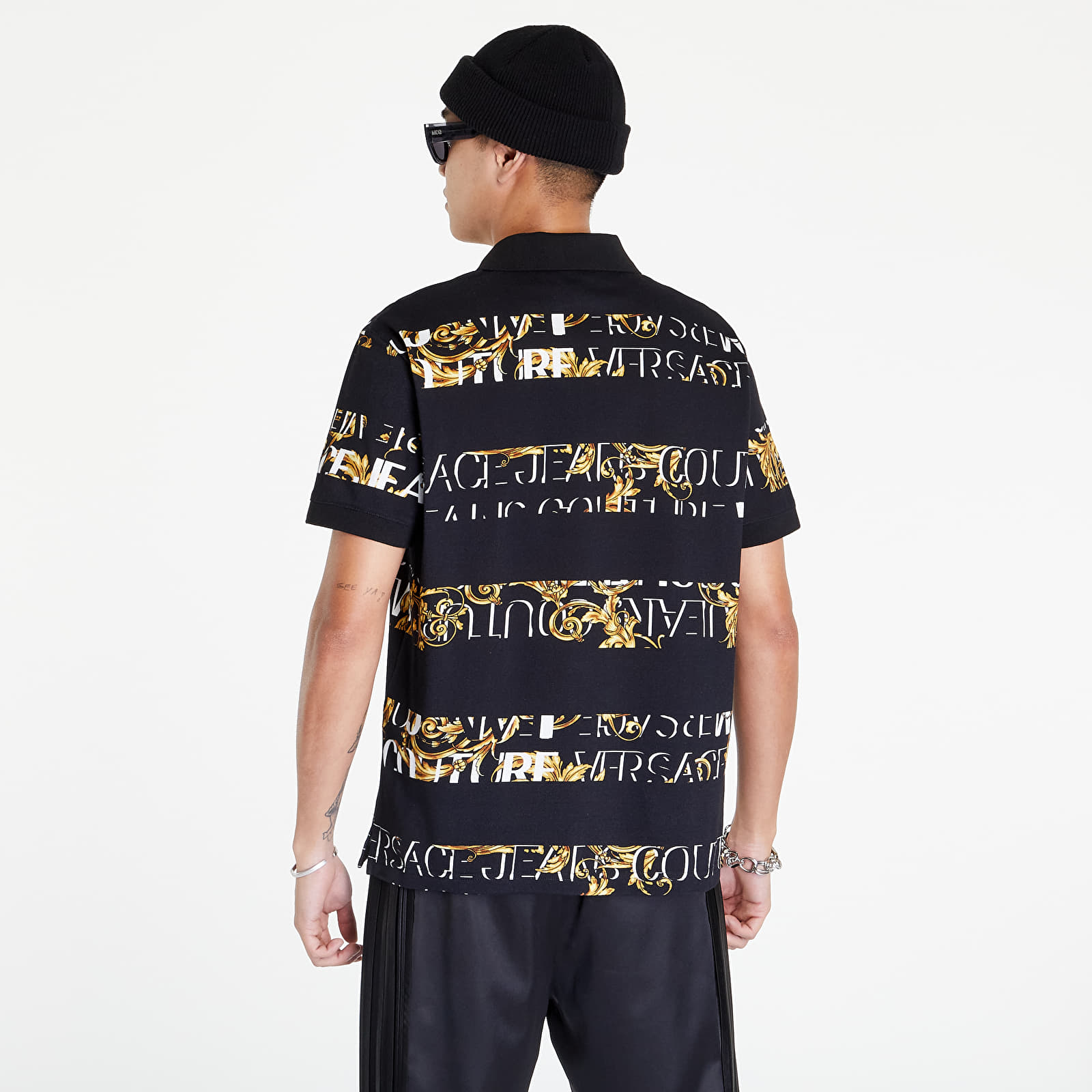 Tričká Versace Jeans Couture R Print Stripes Logo B Polo T-Shirt Black/ Gold