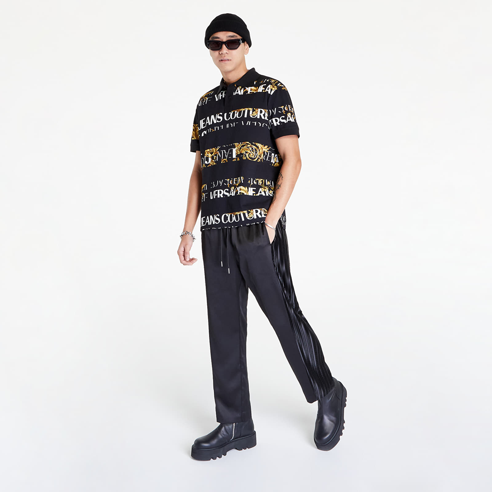 Tričká Versace Jeans Couture R Print Stripes Logo B Polo T-Shirt Black/ Gold