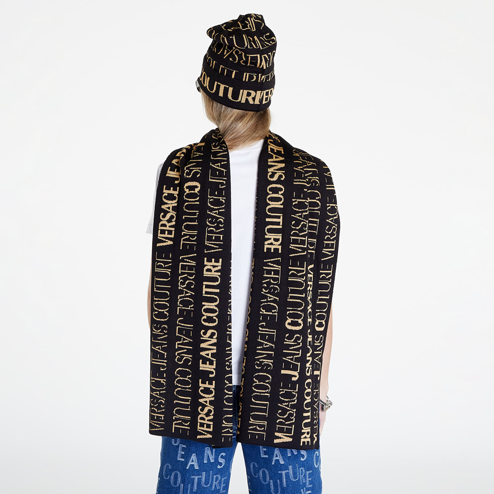 Scarves Versace Jeans Couture Allover Logo Scarf Black/ Gold