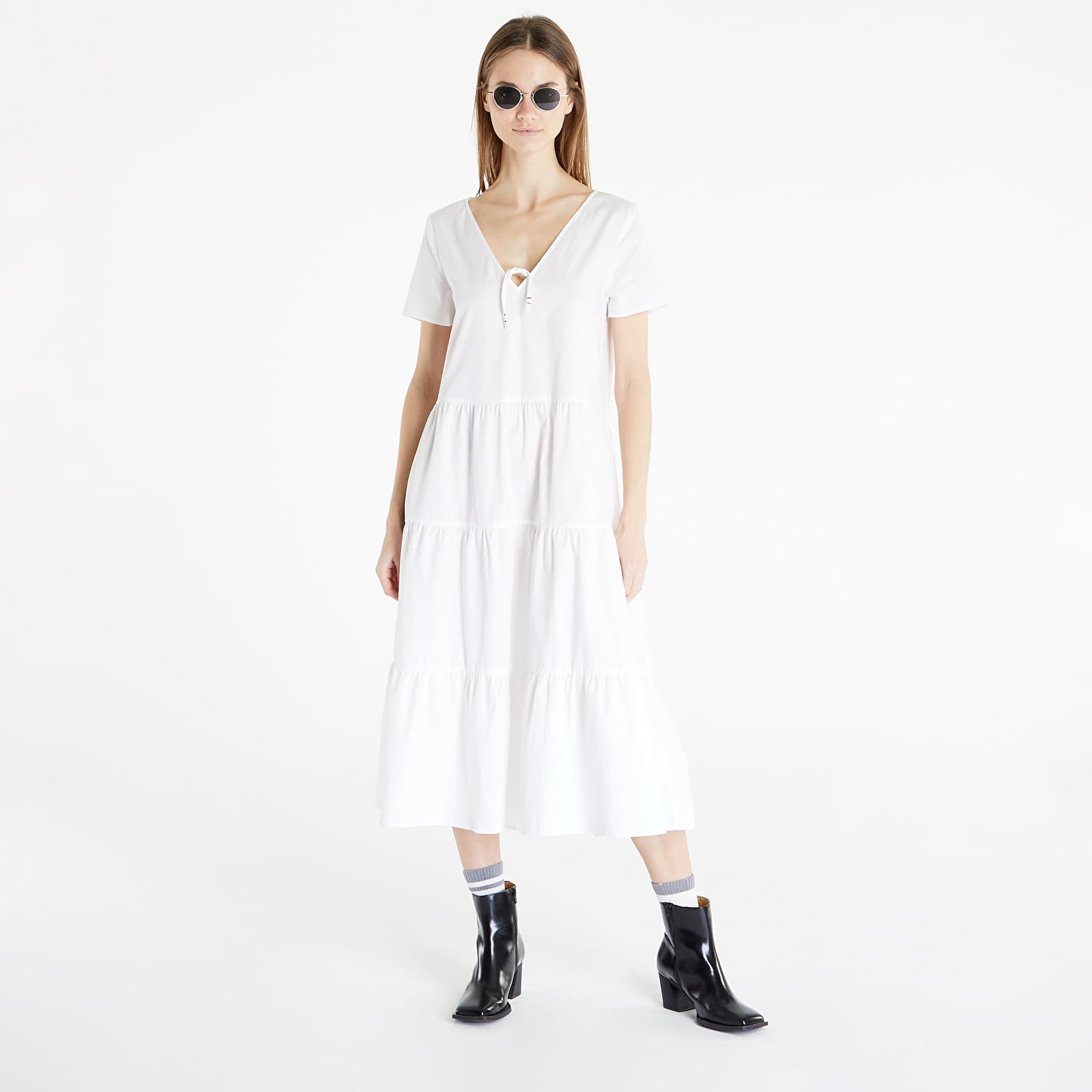 Šaty Tommy Jeans Poplin Tiered Short Sleeve Dress White