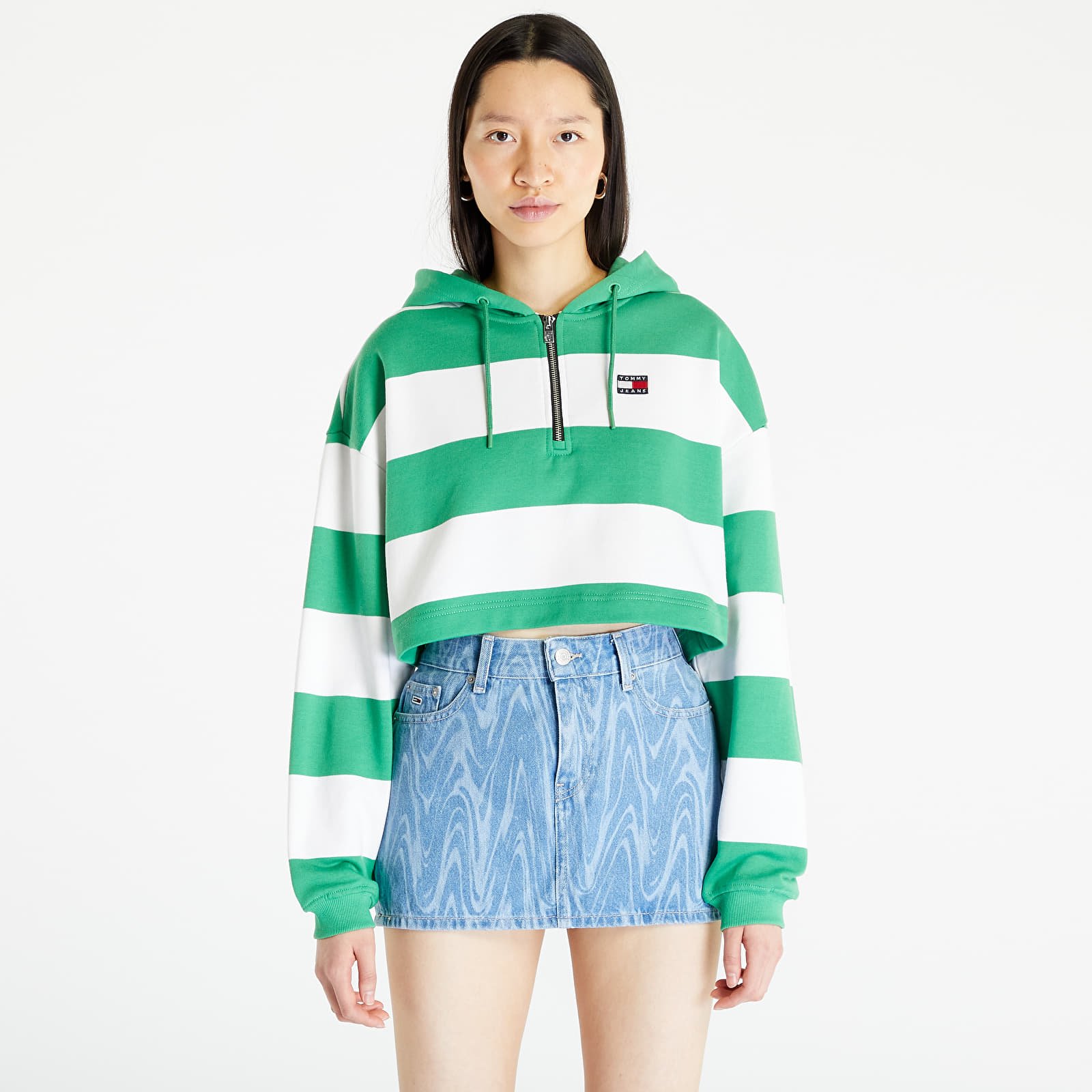 Mikiny Tommy Jeans Crop Stripe 1/4 Zip Hoodie Coastal Green