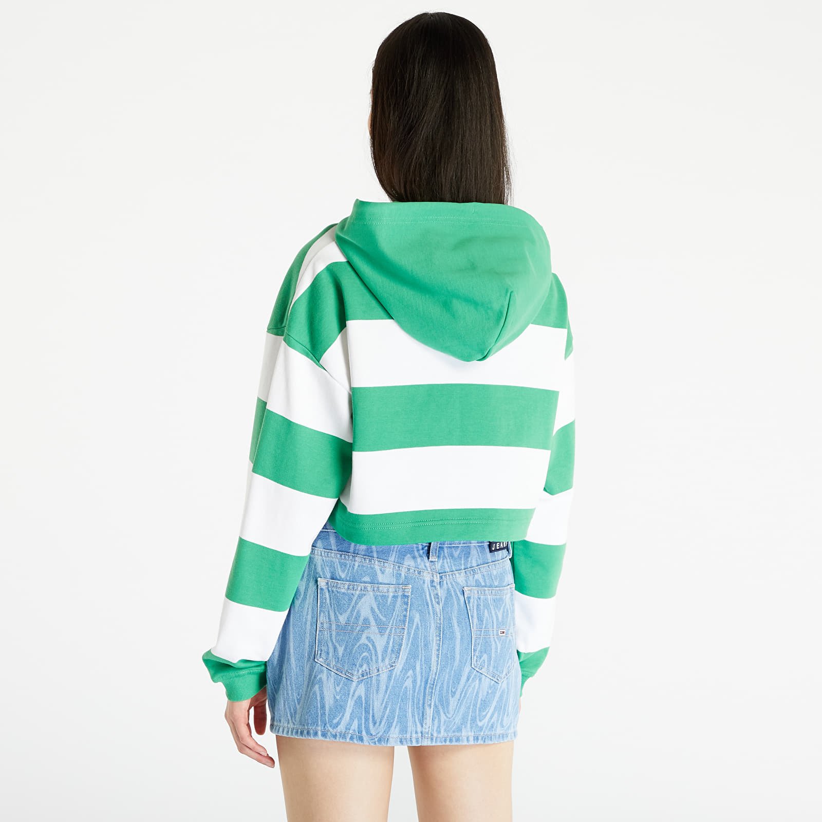 Mikiny Tommy Jeans Crop Stripe 1/4 Zip Hoodie Coastal Green