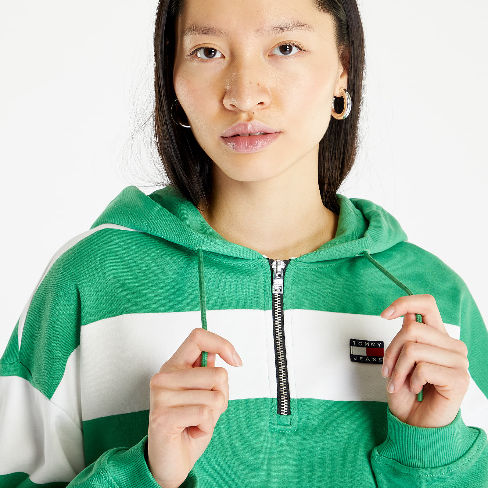 Mikina Tommy Jeans Crop Stripe 1/4 Zip Hoodie Coastal Green L.