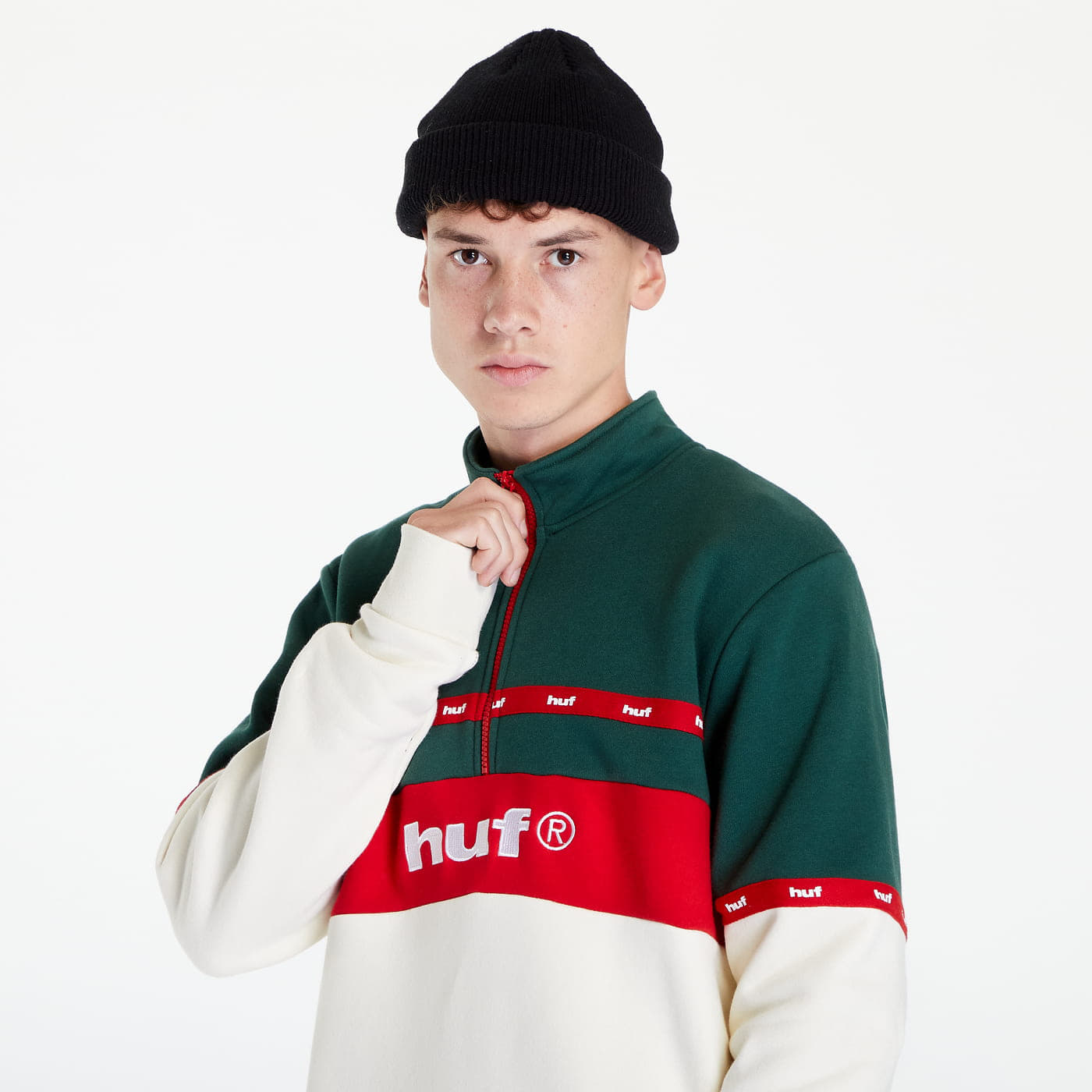 Hoodies and sweatshirts  HUF Taped 1/4 Zip Fleece Beige/ Green/ Red