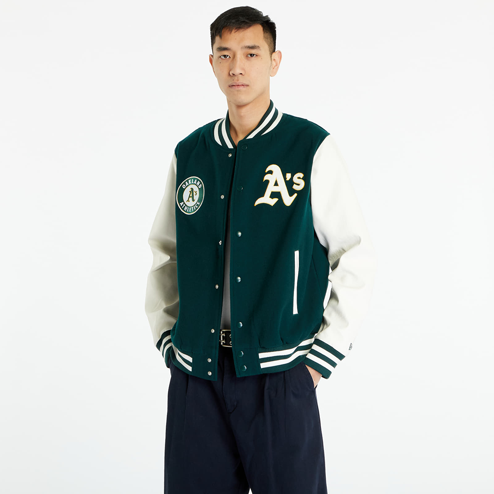 Bombery New Era Varsity Oakland Athletics MLB Heritage Varsity Jacket Dark Green/ Off White