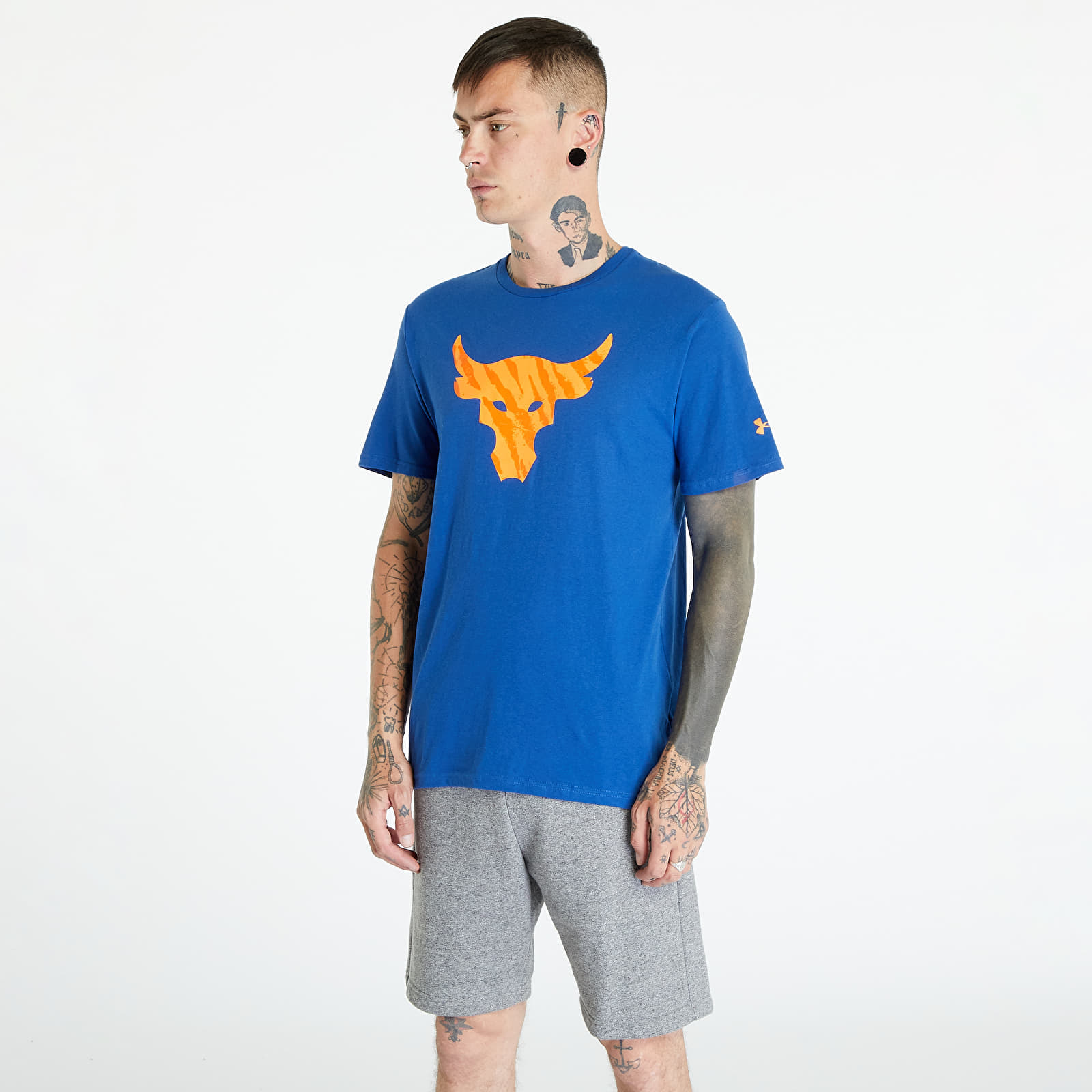 Levně Tričko Under Armour Project Rock Brahma Bull T-Shirt Blue Mirage/ Orange Blast M